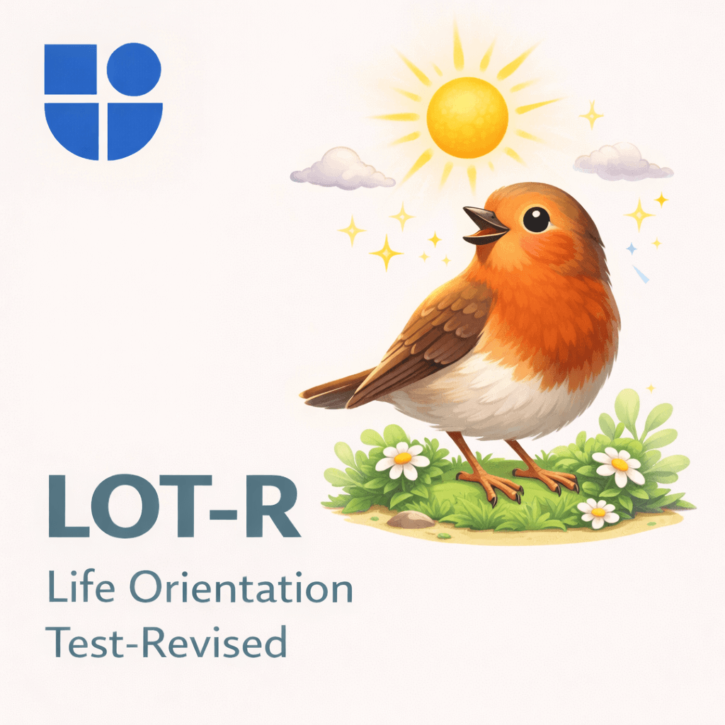 Cheerful illustration of a happy robin bird singing on a grassy patch with daisies under a bright shining sun and sparkling stars, with the Testable logo and text "LOT-R Life Orientation Test-Revised"