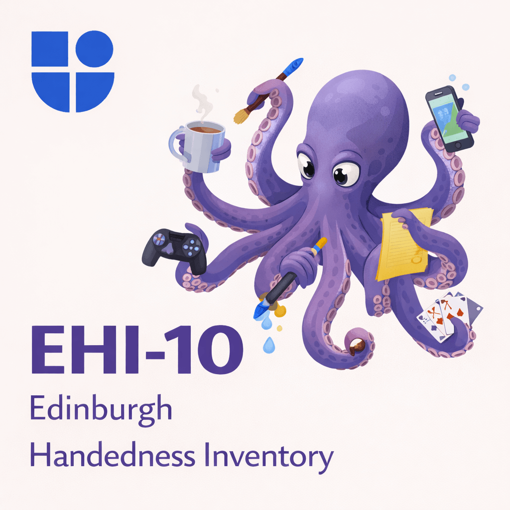 Illustration of a multitasking purple octopus holding a coffee mug, paintbrush, smartphone, game controller, pencil with notepad, and playing cards, with the Testable logo and text "EHI-10 Edinburgh Handedness Inventory"