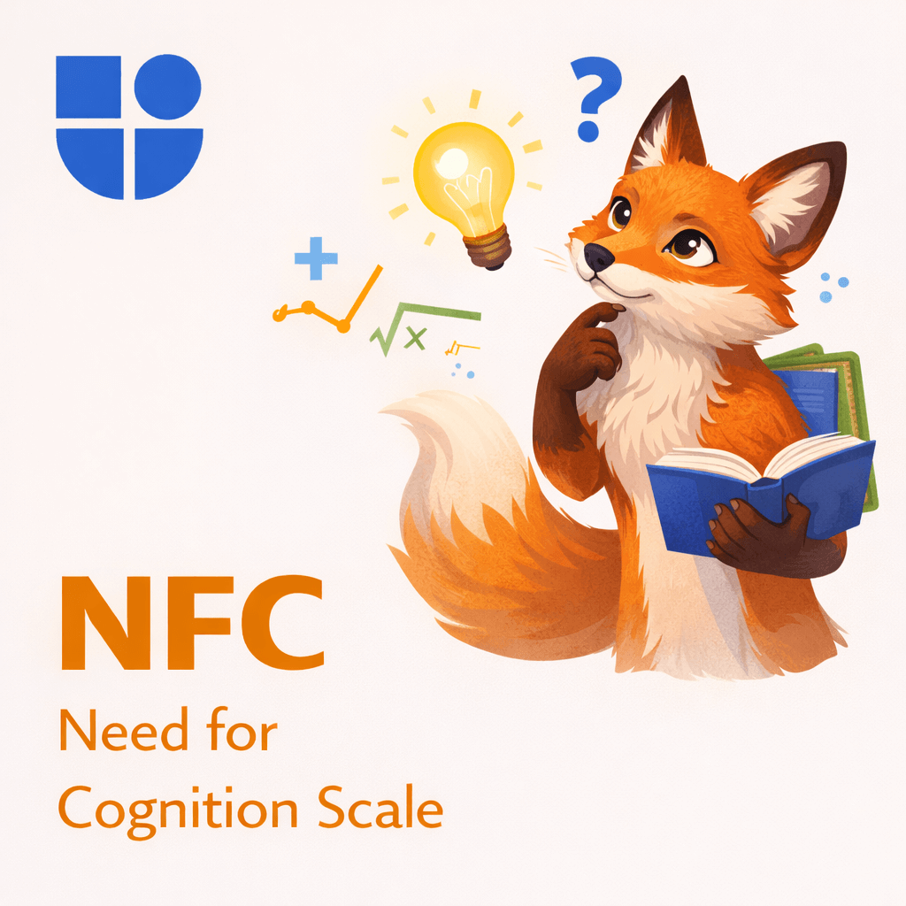 Illustration of a curious red fox holding an open book, chin on paw in thoughtful pose, surrounded by a glowing lightbulb, question marks, math symbols, graphs, and checkmarks, with the Testable logo and text "NFC Need for Cognition Scale"