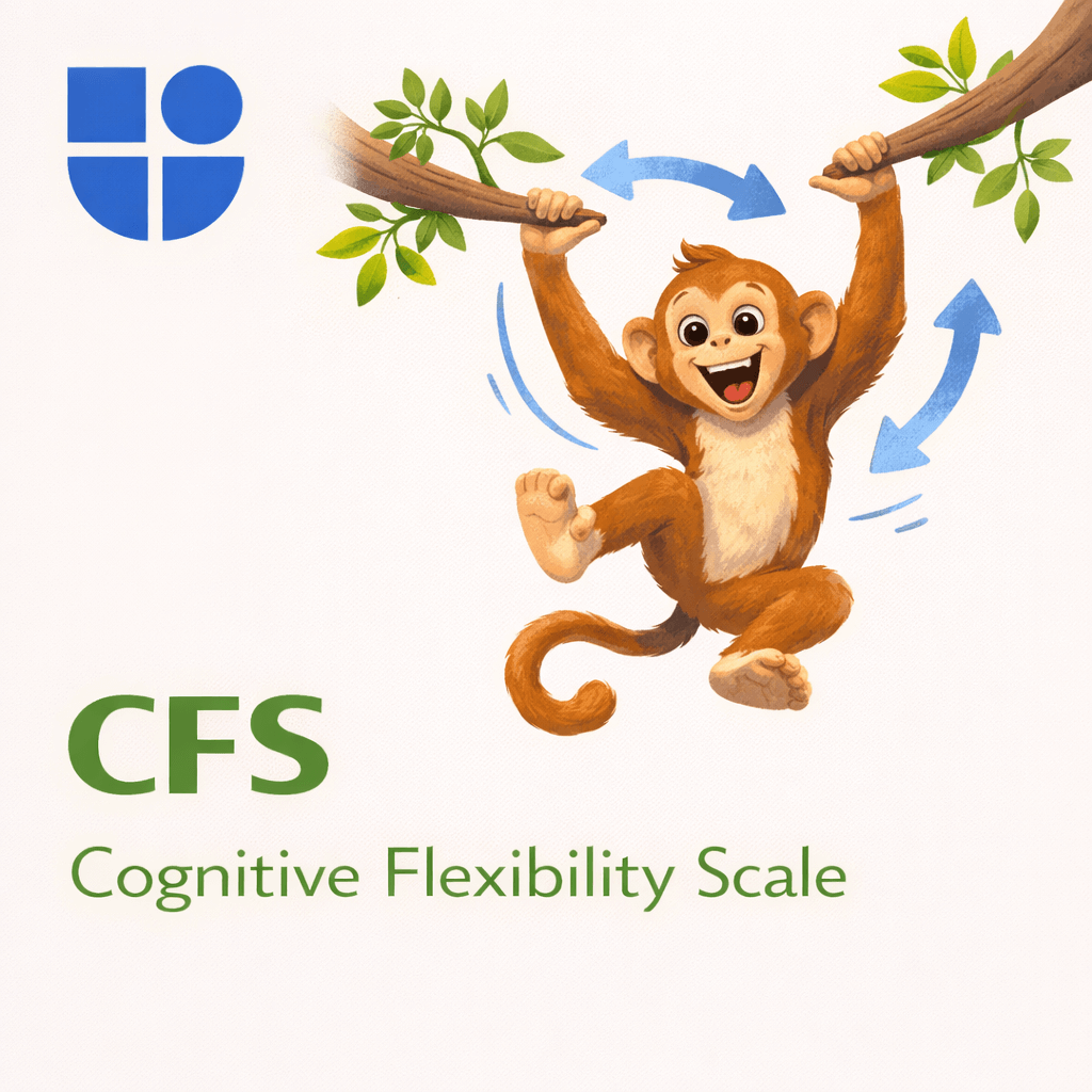 Illustration of a joyful monkey swinging energetically on a branch with swirling blue arrows indicating back-and-forth movement, surrounded by green leaves, with the Testable logo and text "CFS Cognitive Flexibility Scale"